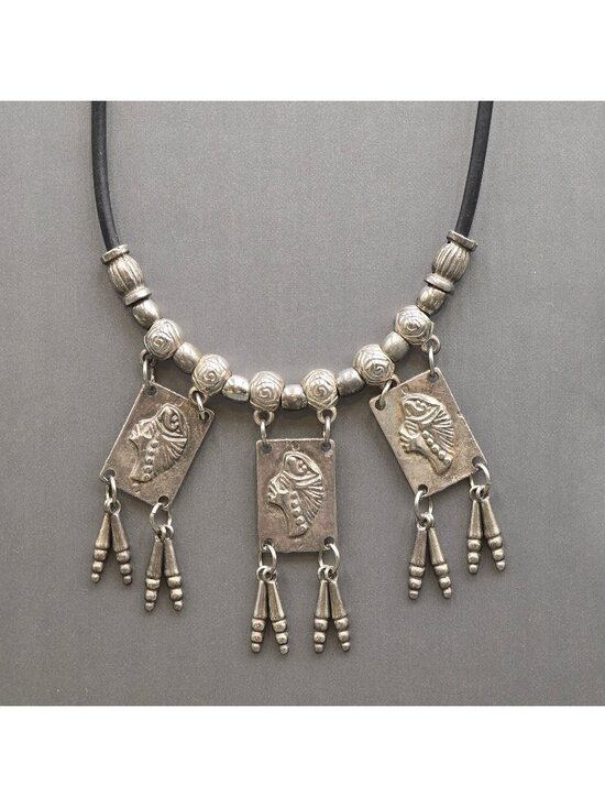 Unbranded Jewelry - Vintage Tribal Panel Fringe Necklace Silver Tone Leather Cord Boho Statement